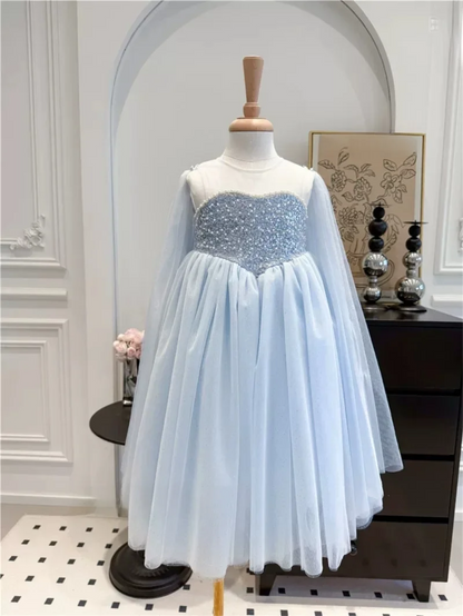 Elsa Frozen Princess Dress with Detachable Cape, Long Sleeve Velvet Sequins Snowflake Dresses for 2-10 Years Girls Party Costume