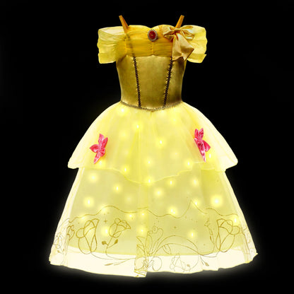 Girl Princess Dress with LED Light Up Costume for Children Cosplay Party Clothes Blue Pink Outfit Carnival Christmas Prom Gown