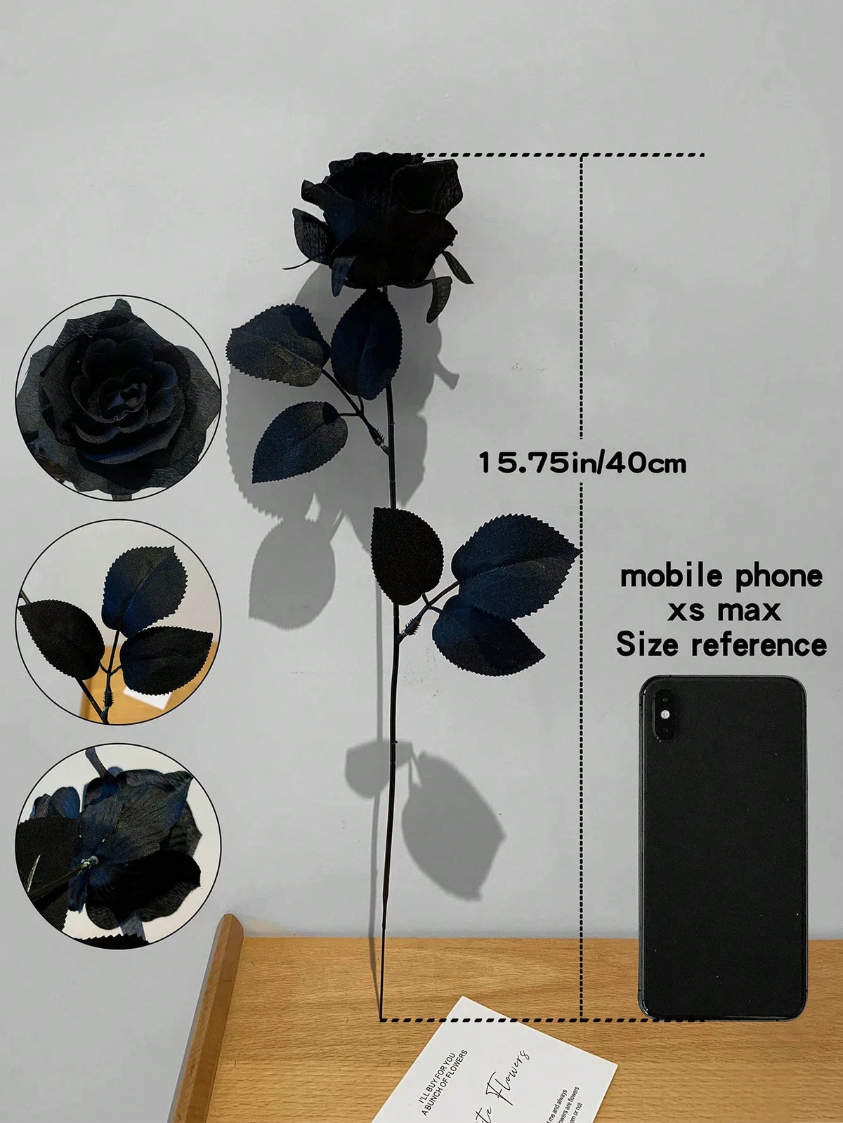 Uflower 48cm Pure Black Silk Rose Long Stem Fake Flowers Gothic Style Decoration Halloween Home Wedding Party Decor