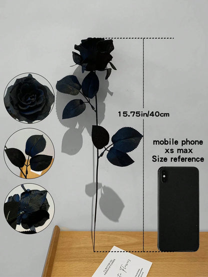 Uflower 48cm Pure Black Silk Rose Long Stem Fake Flowers Gothic Style Decoration Halloween Home Wedding Party Decor