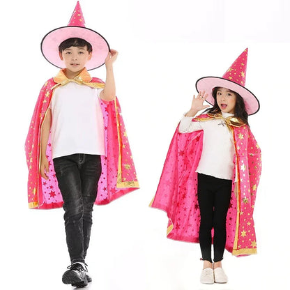 Kids Cape Magician Wizard Cloak Hat Boys Girls Cosplay Costumes Hot Stamping Five-pointed Star Cloak Halloween Costume