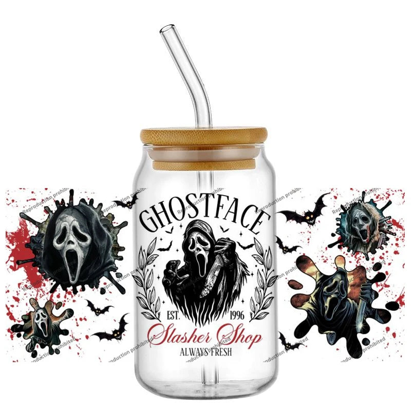 Hotsale Spooky Horror Movie Killer Poster Art 16oz UV DTF 3D Sticker Transfer Decals Trendy Glass Can Cups Halloween Craft DIY