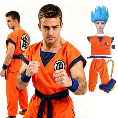 Halloween Adult Son Goku Cosplay Costume Suit Anime Men Woman Krillin Training Clothes Superheroes Saiyan Jumpsuit Role Play Wig