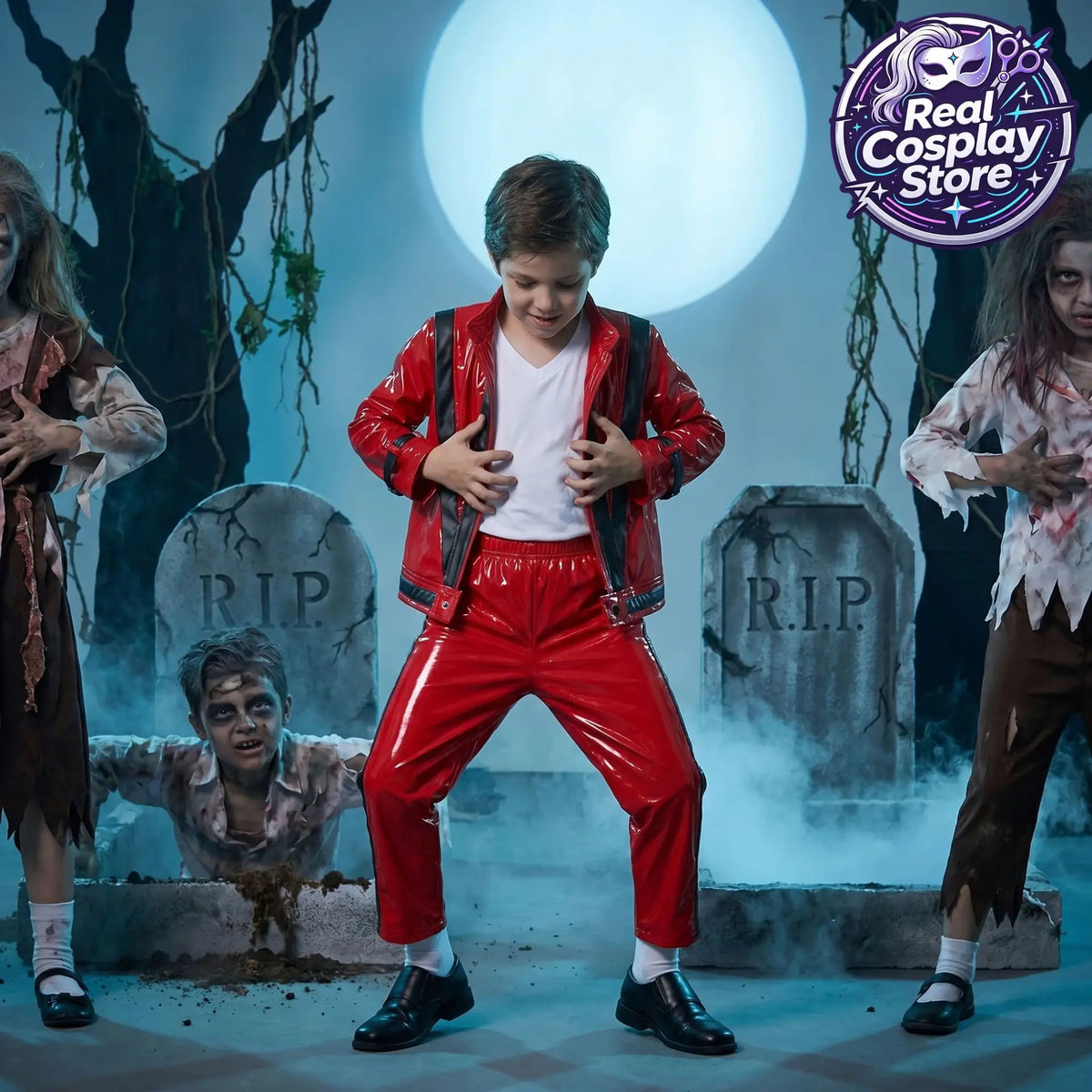 MJ Michael Jackson Thriller Kids Costume Red Black Leather Jacket Pants Boys Halloween Stage Cosplay Outfit