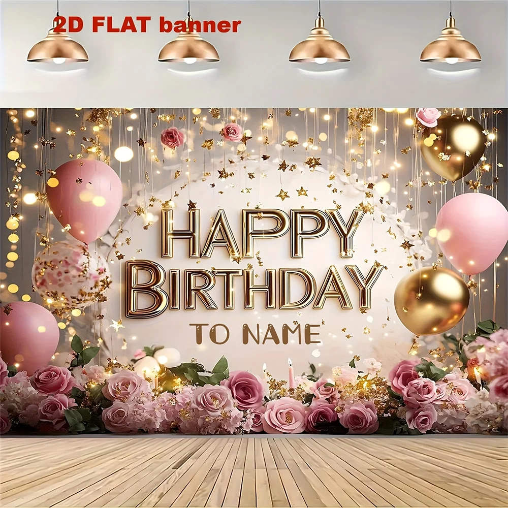 1pc  Pink Gold Floral Happy Birthday Party Backdrop Banner Custom Name Birthday Background for Photo Booth