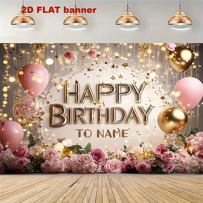 1pc  Pink Gold Floral Happy Birthday Party Backdrop Banner Custom Name Birthday Background for Photo Booth