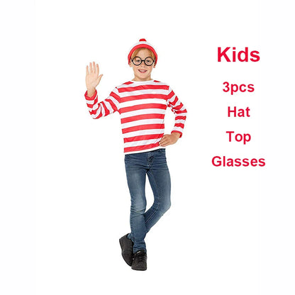 S-XXL Parent-child Cartoon Where is Wally Waldo Costume Waldo Book Week Cosplay Outfit Stripe Long Sleeve Shirt Hat Glasses