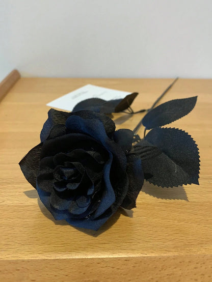 Uflower 48cm Pure Black Silk Rose Long Stem Fake Flowers Gothic Style Decoration Halloween Home Wedding Party Decor