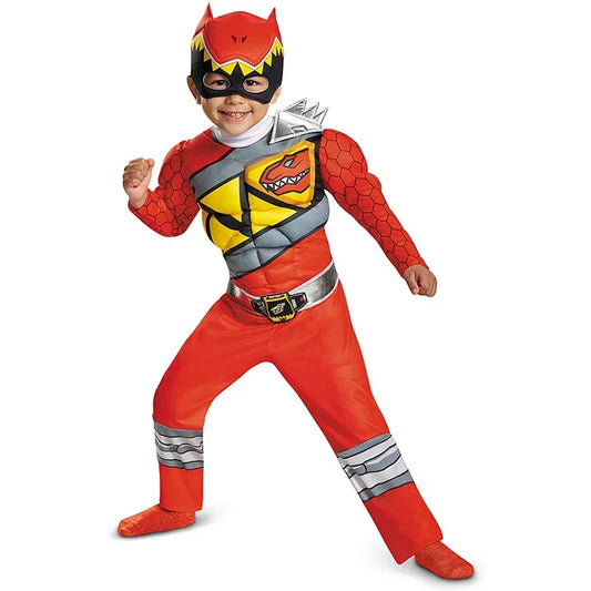 Boy Birthday Party Gift Dinosaur Team Cosplay Halloween Costume Red Power Dino Charge Ranger Muscle Jumpsuits Superhero Suits