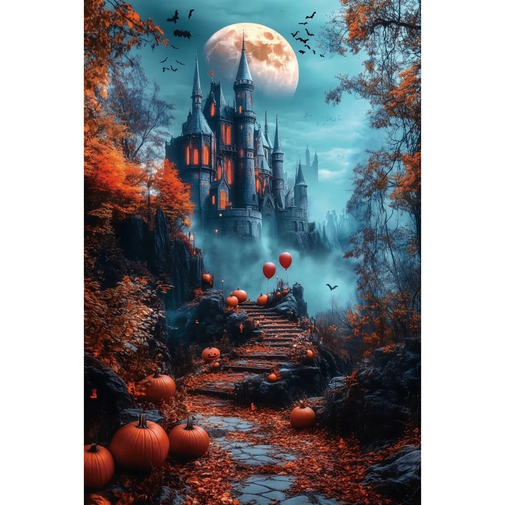 Halloween Photography Background Dark Blue Full Moon Night Castle Pumpkin Lantern Kids Family Halloween Portrait Photo Backdrop
