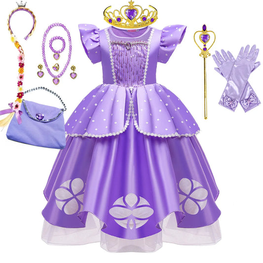 Little Sophia Role Playing  Cute Ball Gown Sofia Costume Play Dress Tea Length Puffy Birthday Party Frock As a Intern Princess