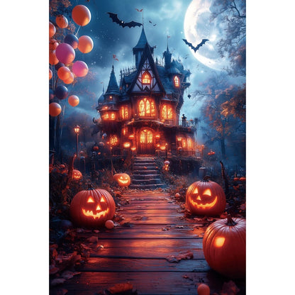 Halloween Photography Background Dark Blue Full Moon Night Castle Pumpkin Lantern Kids Family Halloween Portrait Photo Backdrop