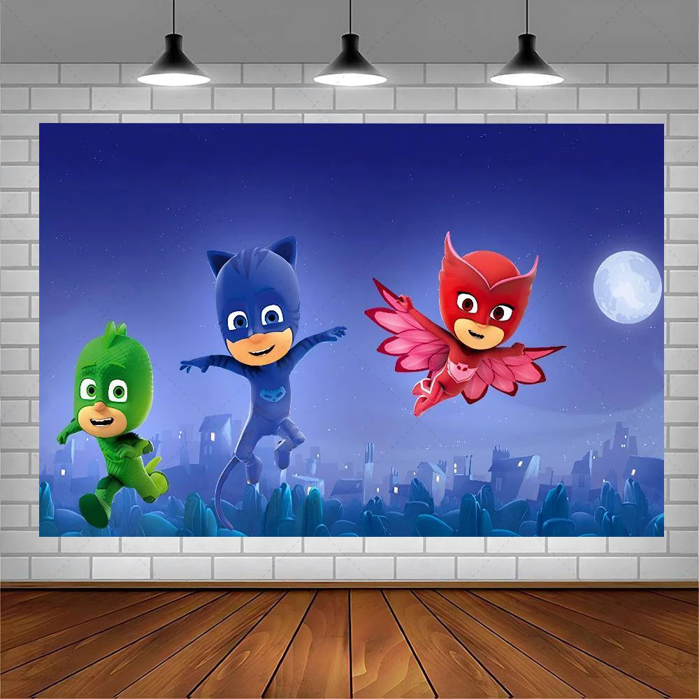 PJ M-Masks Birthday Party Backdrop Catboy Owlette Gekko Moon Night City Superhero Custom Photo Booth Kids Baby Shower Decor