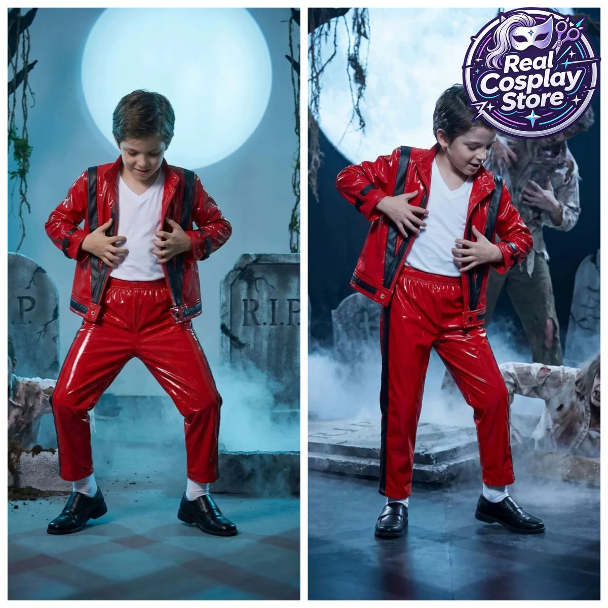 MJ Michael Jackson Thriller Kids Costume Red Black Leather Jacket Pants Boys Halloween Stage Cosplay Outfit