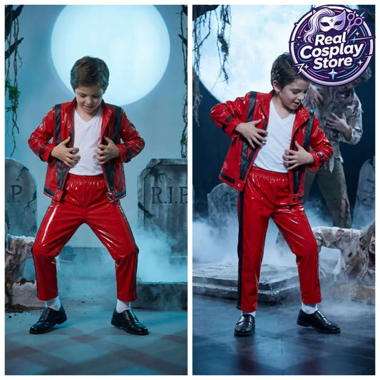 MJ Michael Jackson Thriller Kids Costume Red Black Leather Jacket Pants Boys Halloween Stage Cosplay Outfit