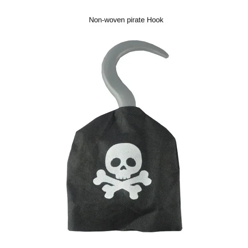 Kids Pirate Costume Black Vest with Eyeshade Hat Pirate Hook and Bag Set for Children Boy Halloween Theme Party Cosplay Dress Up