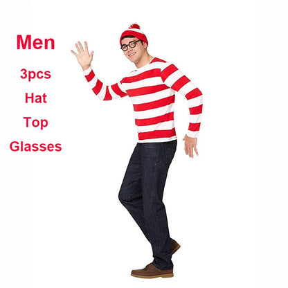 S-XXL Parent-child Cartoon Where is Wally Waldo Costume Waldo Book Week Cosplay Outfit Stripe Long Sleeve Shirt Hat Glasses