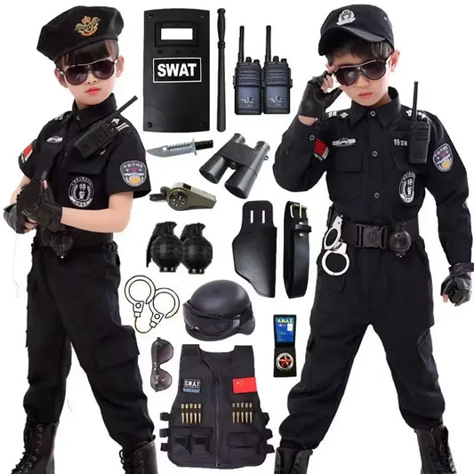 SWAT Children Halloween Policeman Cosplay Costumes Kids Carnival Police Uniform 110-160cm Boys Army Policemen Soldier 7 Pcs/Sets