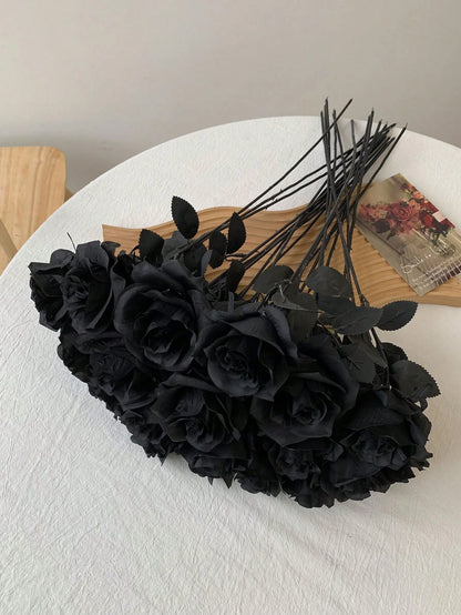 Uflower 48cm Pure Black Silk Rose Long Stem Fake Flowers Gothic Style Decoration Halloween Home Wedding Party Decor