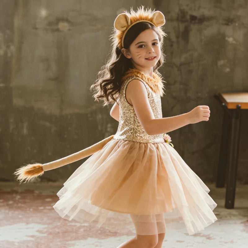 Girls Cute Lion Tulle Dress Kids Cartoon Beauty Clothing Halloween Party Outfit Children Stage Performance Show Clothing