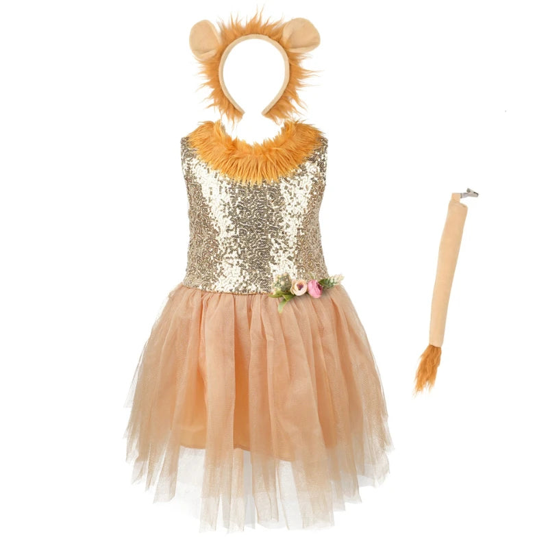 Girls Cute Lion Tulle Dress Kids Cartoon Beauty Clothing Halloween Party Outfit Children Stage Performance Show Clothing