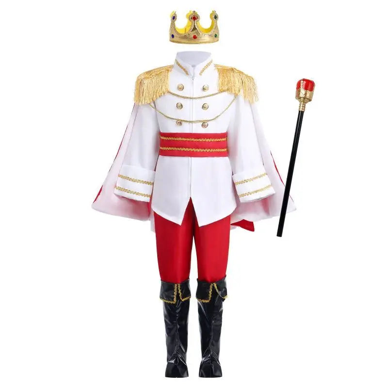 Medieval King Prince Red Blue 7 Piece Costume Set With Crown Scepter Cape For Royal Halloween Party Fancy Dress Performance