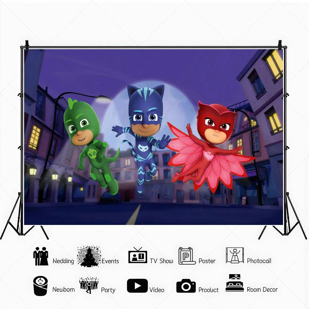 PJ M-Masks Birthday Party Backdrop Catboy Owlette Gekko Moon Night City Superhero Custom Photo Booth Kids Baby Shower Decor