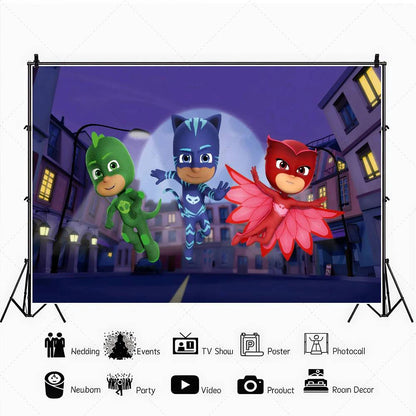 PJ M-Masks Birthday Party Backdrop Catboy Owlette Gekko Moon Night City Superhero Custom Photo Booth Kids Baby Shower Decor