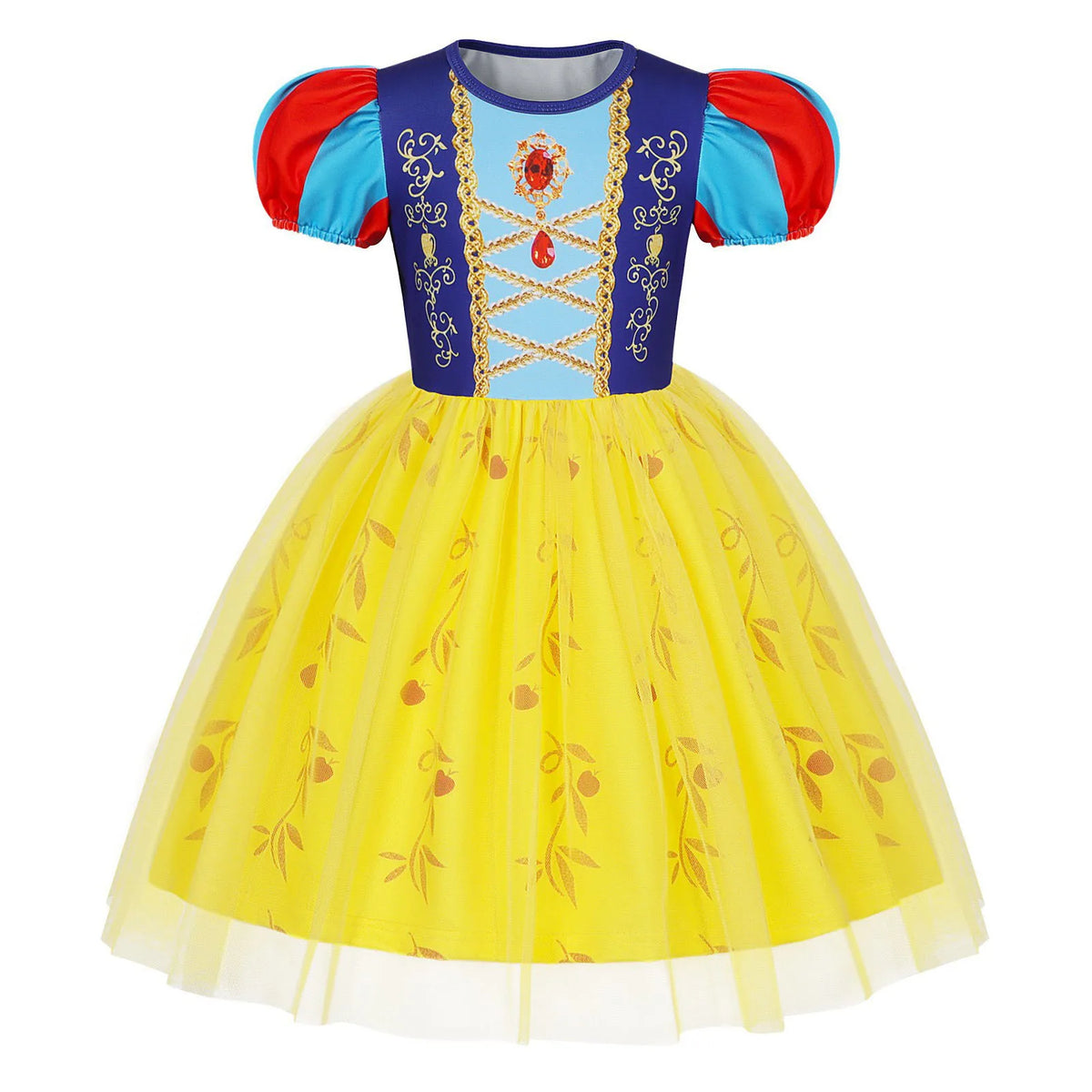 Girls Short Sleeve Fairy Tale Tulle Princess Dress With Printed Pattern Kids Birthday Party Belle Aurora Cosplay Costume 3-10Yrs