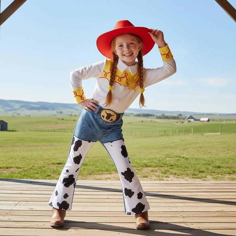 2026 Jessie Cowgirl Costume 2 Piece Set Sleeve shirt Cow Print Flared Pants Kids Cosplay Outfit Halloween Carnival Casual Wear