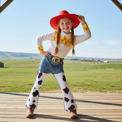 2026 Jessie Cowgirl Costume 2 Piece Set Sleeve shirt Cow Print Flared Pants Kids Cosplay Outfit Halloween Carnival Casual Wear