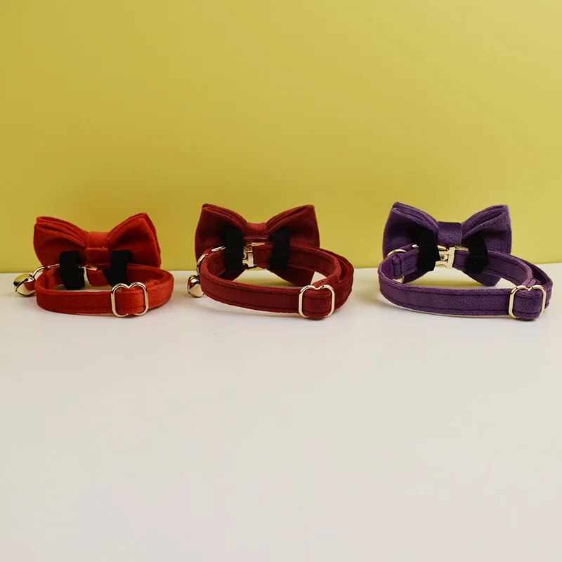 Custom Velvet Cat Collar with ID Tag & Bow Tie | Personalized Kitten Necklace