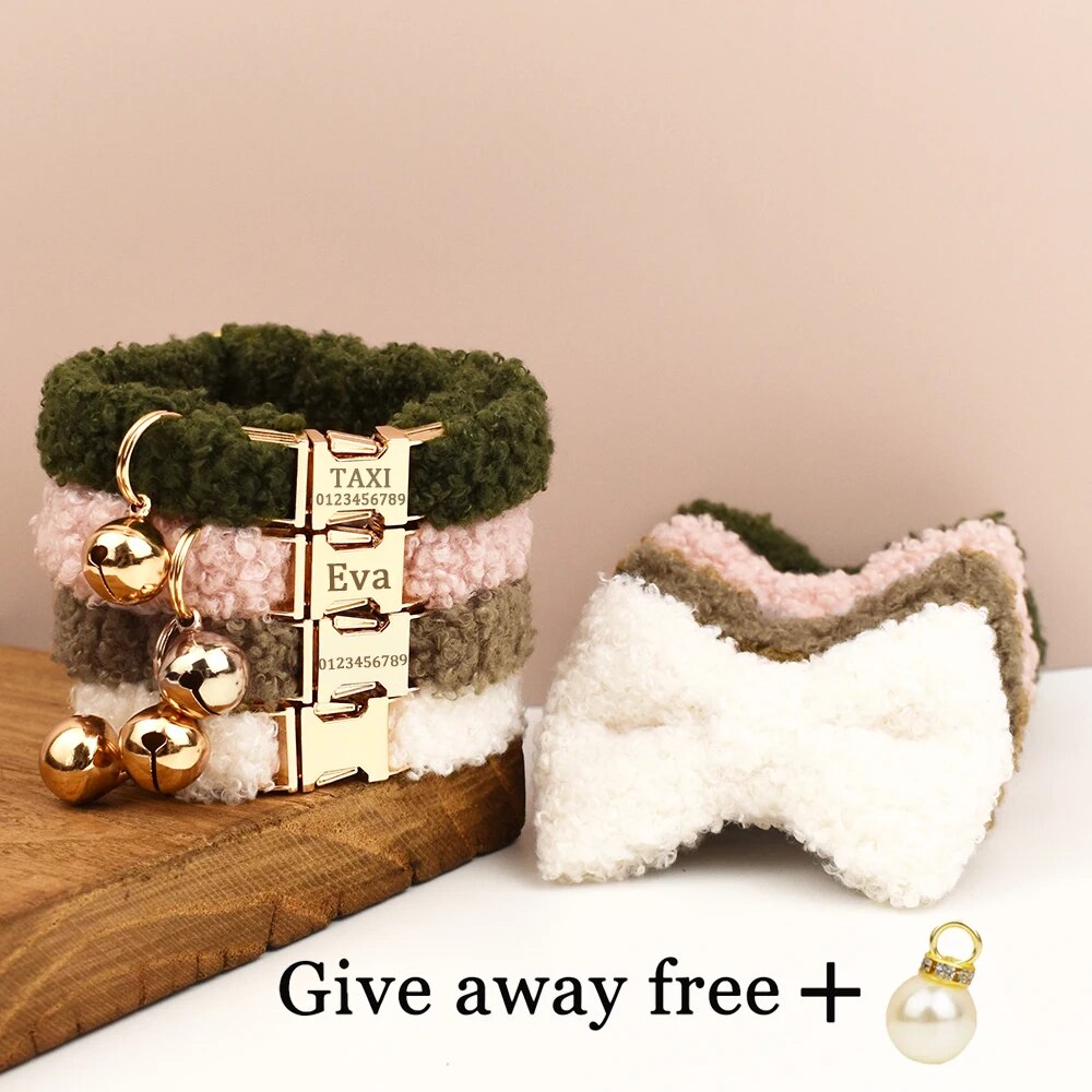 Customizable Laser-Engraved Teddy Fur Cat Collar Bell: Autumn & Winter