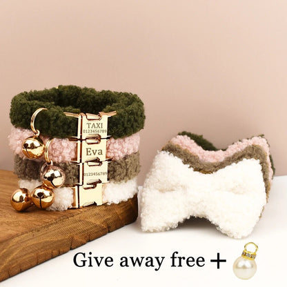 Customizable Laser-Engraved Teddy Fur Cat Collar Bell: Autumn & Winter