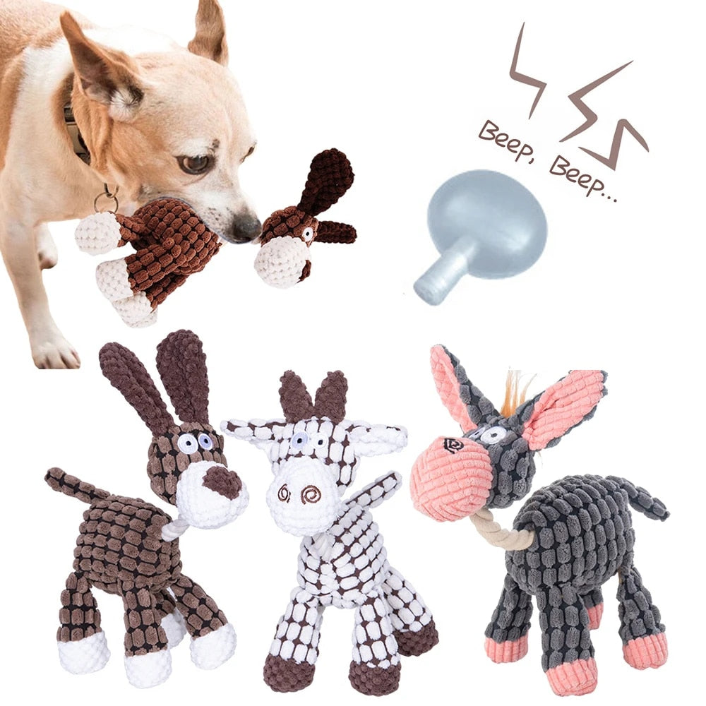 Fun Donkey-Shaped Corduroy Chew Toy for Dogs - Squeaky Plush Bone Molar Toy