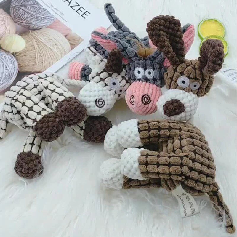 Fun Donkey-Shaped Corduroy Chew Toy for Dogs - Squeaky Plush Bone Molar Toy