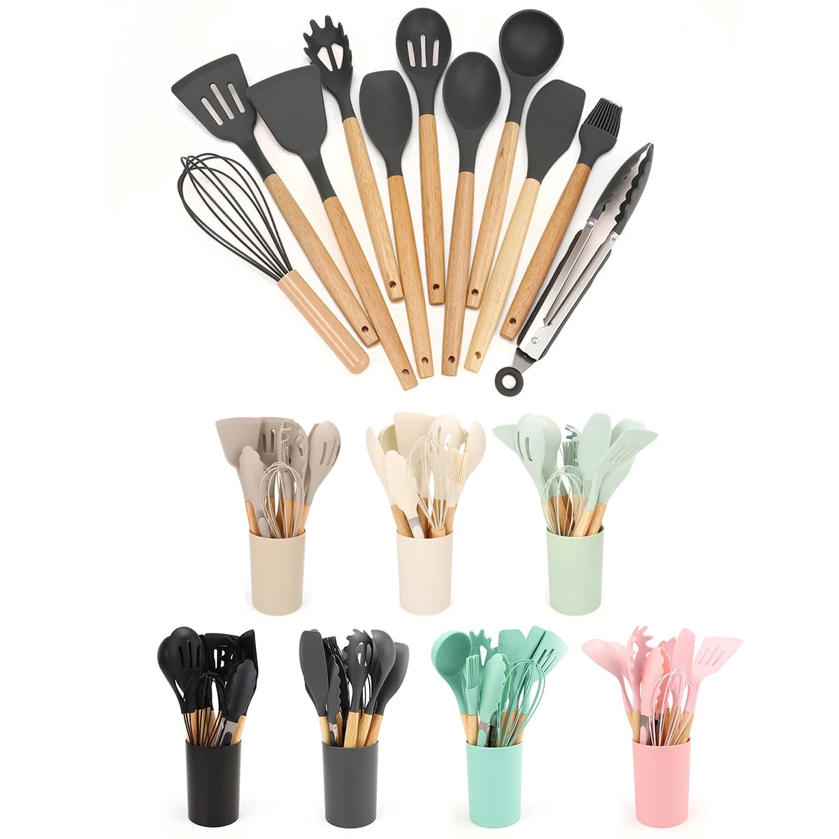 12Pcs Silicone Kitchen Utensils Set with Storage Bucket - Non-Stick Wood Handle Cooking Tools, Spatula, Shovel, Soup Spo