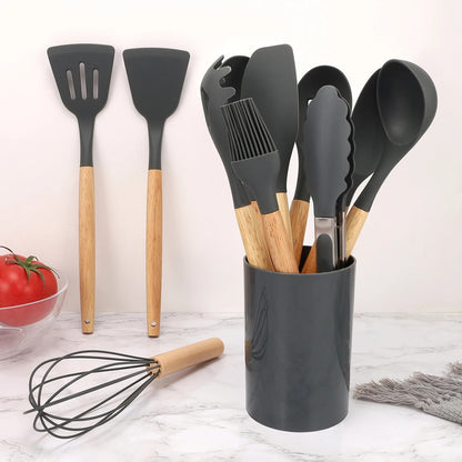 12Pcs Silicone Kitchen Utensils Set with Storage Bucket - Non-Stick Wood Handle Cooking Tools, Spatula, Shovel, Soup Spo