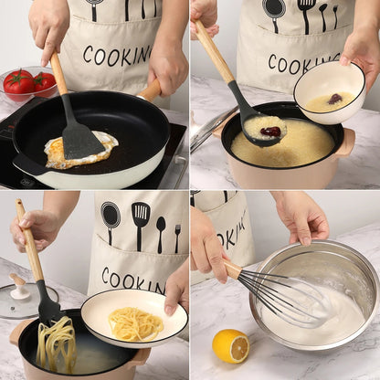 12Pcs Silicone Kitchen Utensils Set with Storage Bucket - Non-Stick Wood Handle Cooking Tools, Spatula, Shovel, Soup Spo
