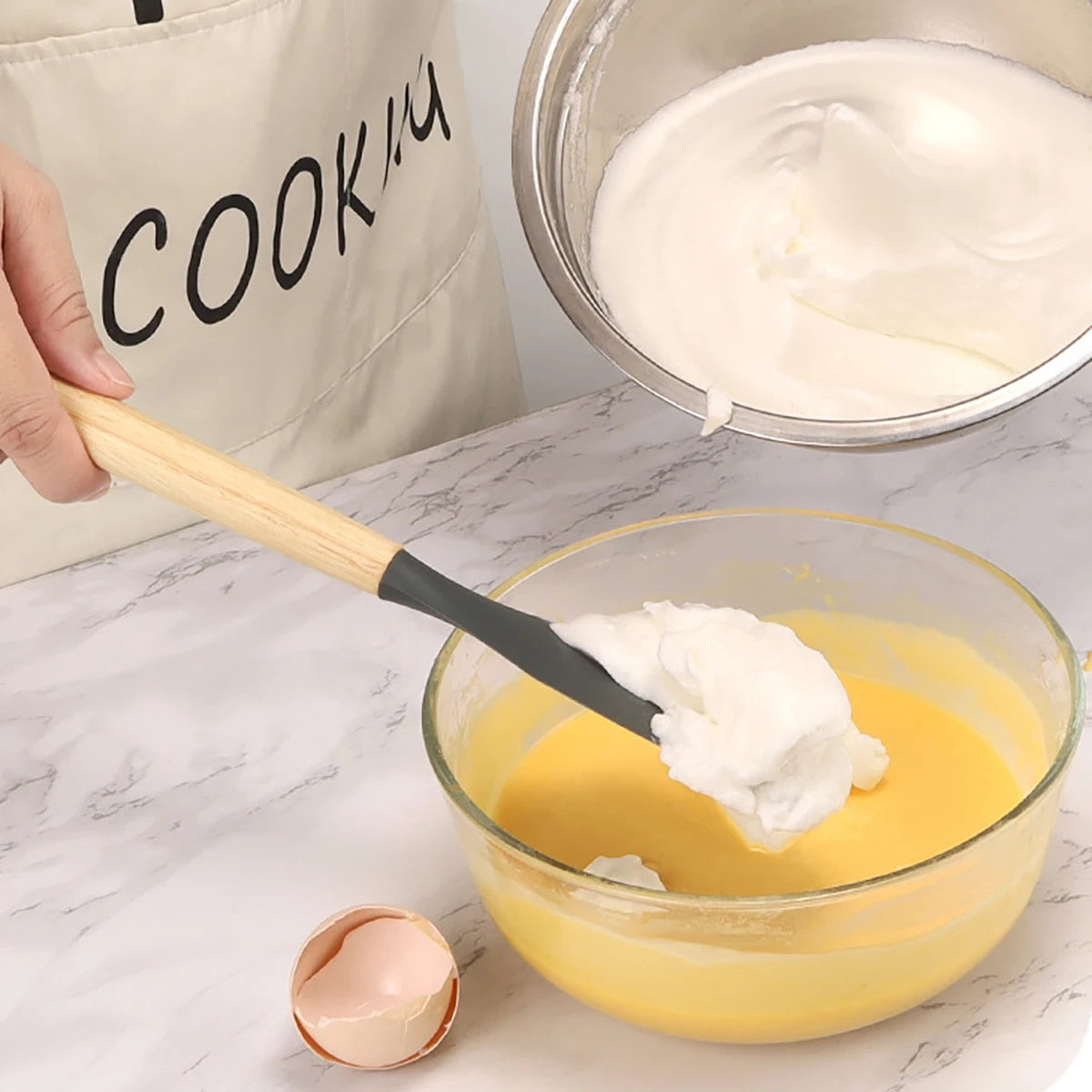 12Pcs Silicone Kitchen Utensils Set with Storage Bucket - Non-Stick Wood Handle Cooking Tools, Spatula, Shovel, Soup Spo
