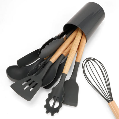 12Pcs Silicone Kitchen Utensils Set with Storage Bucket - Non-Stick Wood Handle Cooking Tools, Spatula, Shovel, Soup Spo
