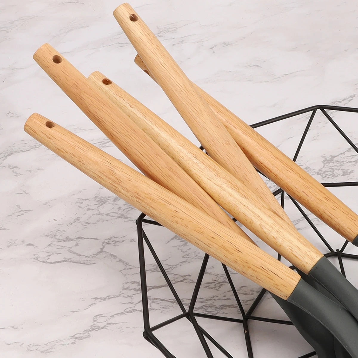 12Pcs Silicone Kitchen Utensils Set with Storage Bucket - Non-Stick Wood Handle Cooking Tools, Spatula, Shovel, Soup Spo