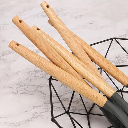 12Pcs Silicone Kitchen Utensils Set with Storage Bucket - Non-Stick Wood Handle Cooking Tools, Spatula, Shovel, Soup Spo