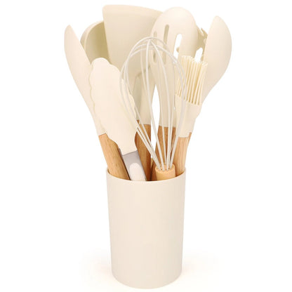 12Pcs Silicone Kitchen Utensils Set with Storage Bucket - Non-Stick Wood Handle Cooking Tools, Spatula, Shovel, Soup Spo