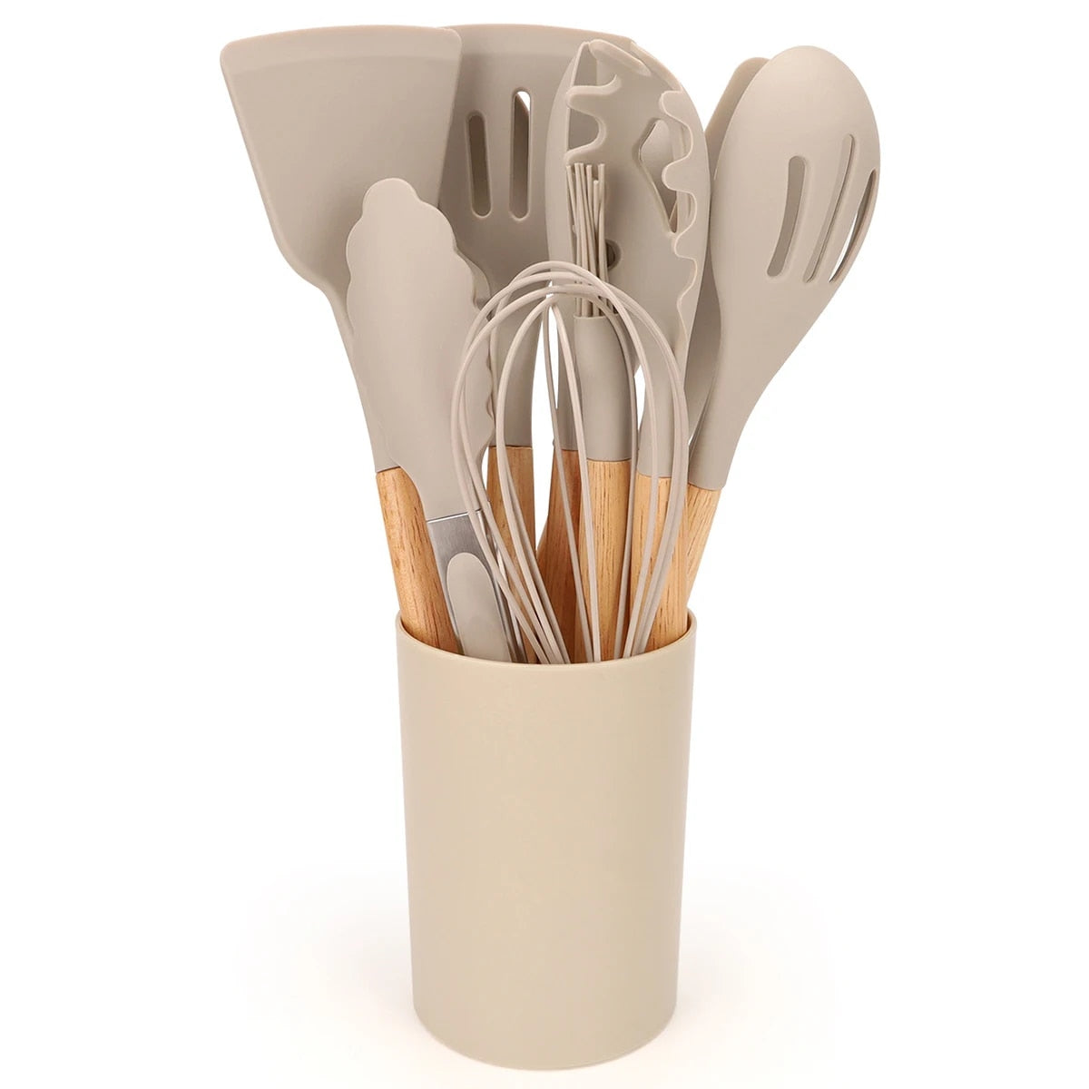 12Pcs Silicone Kitchen Utensils Set with Storage Bucket - Non-Stick Wood Handle Cooking Tools, Spatula, Shovel, Soup Spo