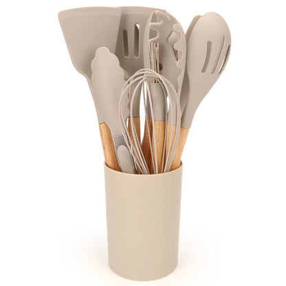 12Pcs Silicone Kitchen Utensils Set with Storage Bucket - Non-Stick Wood Handle Cooking Tools, Spatula, Shovel, Soup Spo