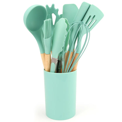 12Pcs Silicone Kitchen Utensils Set with Storage Bucket - Non-Stick Wood Handle Cooking Tools, Spatula, Shovel, Soup Spo