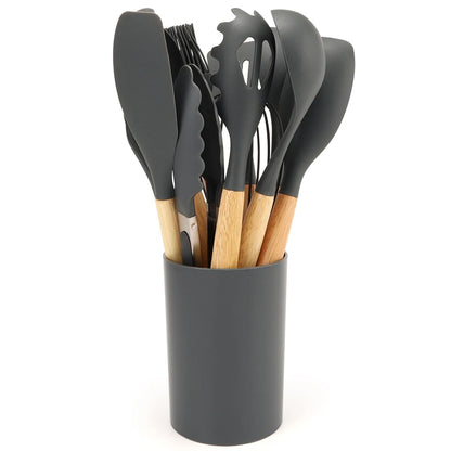 12Pcs Silicone Kitchen Utensils Set with Storage Bucket - Non-Stick Wood Handle Cooking Tools, Spatula, Shovel, Soup Spo