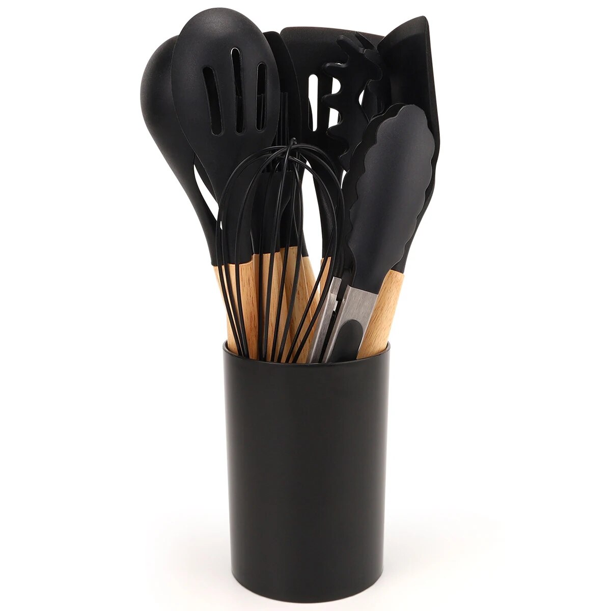 12Pcs Silicone Kitchen Utensils Set with Storage Bucket - Non-Stick Wood Handle Cooking Tools, Spatula, Shovel, Soup Spo