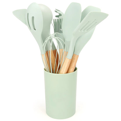 12Pcs Silicone Kitchen Utensils Set with Storage Bucket - Non-Stick Wood Handle Cooking Tools, Spatula, Shovel, Soup Spo